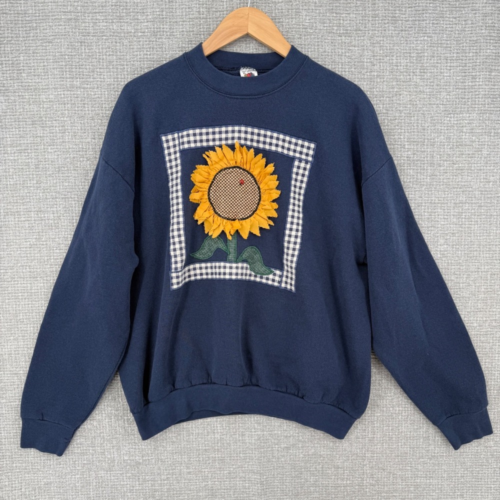 Vintage Y2K Fruit Loom Sunflower‎ Sweatshirt Women XL Navy Blue Cottage Country